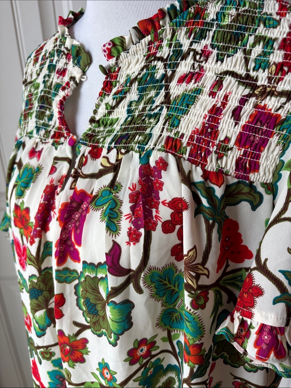 Rose & Olive Ivory Floral Smocked-Yoke Blouse with Green & Red Accents - Picture 3 of 8